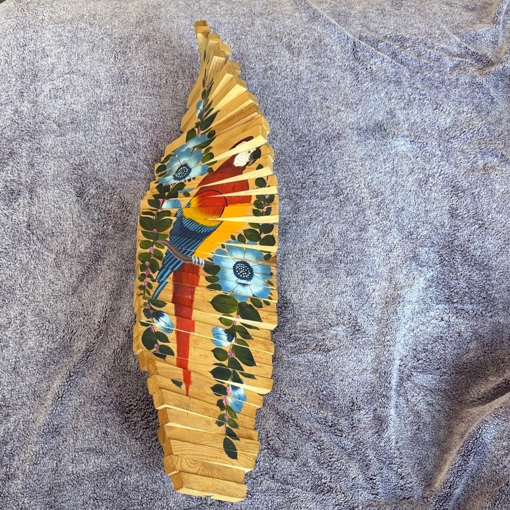 NEW Handcrafted Wooden wind spinner Parrot Flowers design 28” long